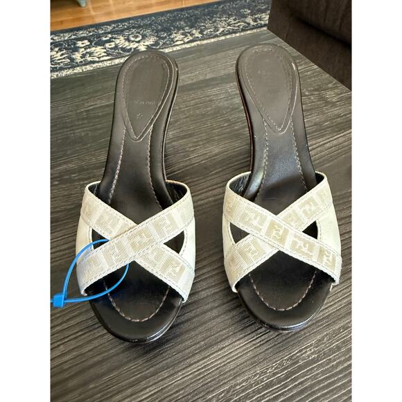 Fendi Open Toe with White Zucca FF Monogram Slingback Mules Sz. 35 - Picture 1 of 8